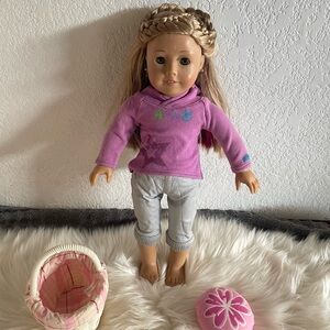American Girl Doll in Purple and Gray Outfit with Accessories